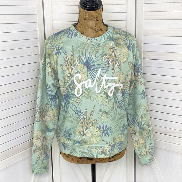 Body Glove Let’s Get Salty Tropical Print Shirt Green Small Crop Sweatshirt - Picture 1 of 13